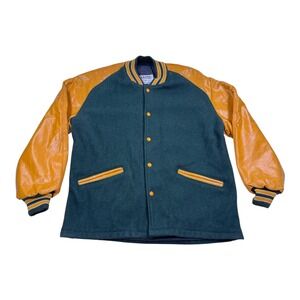 Vtg DeLONG Varsity Letterman Jacket Mens Large Green Wool Leather Sleeves Snap